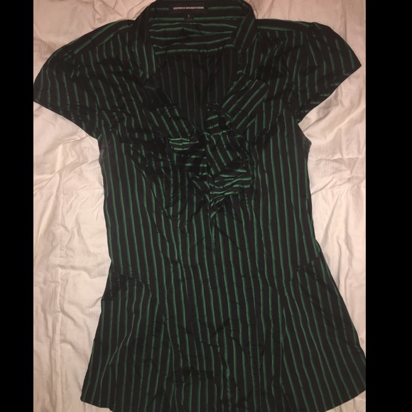 Express Green and Black stripe faux Button top - Picture 2 of 8